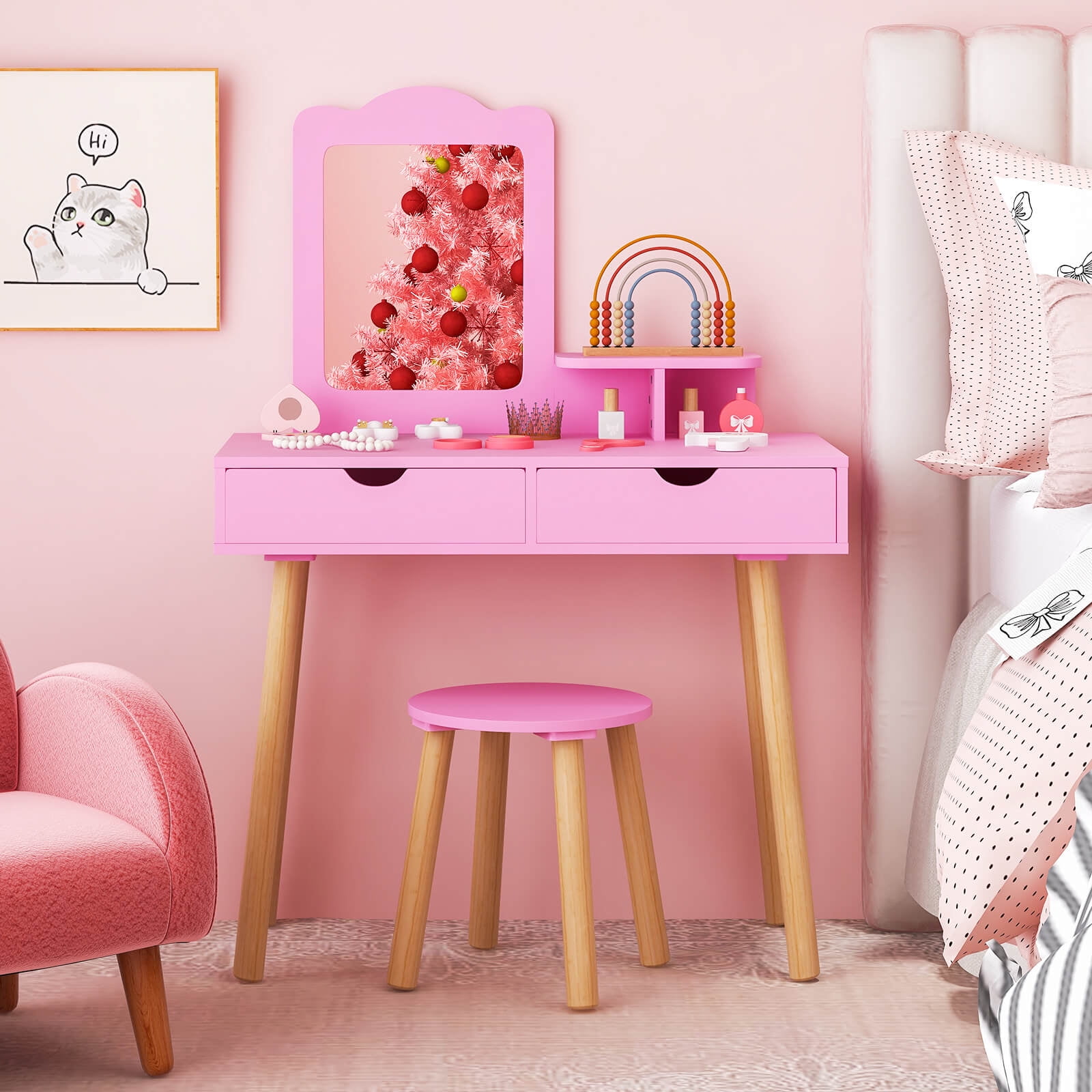 Costway Kid Vanity Table Chair Set with Mirror Large Storage Drawers Wooden Legs Pink