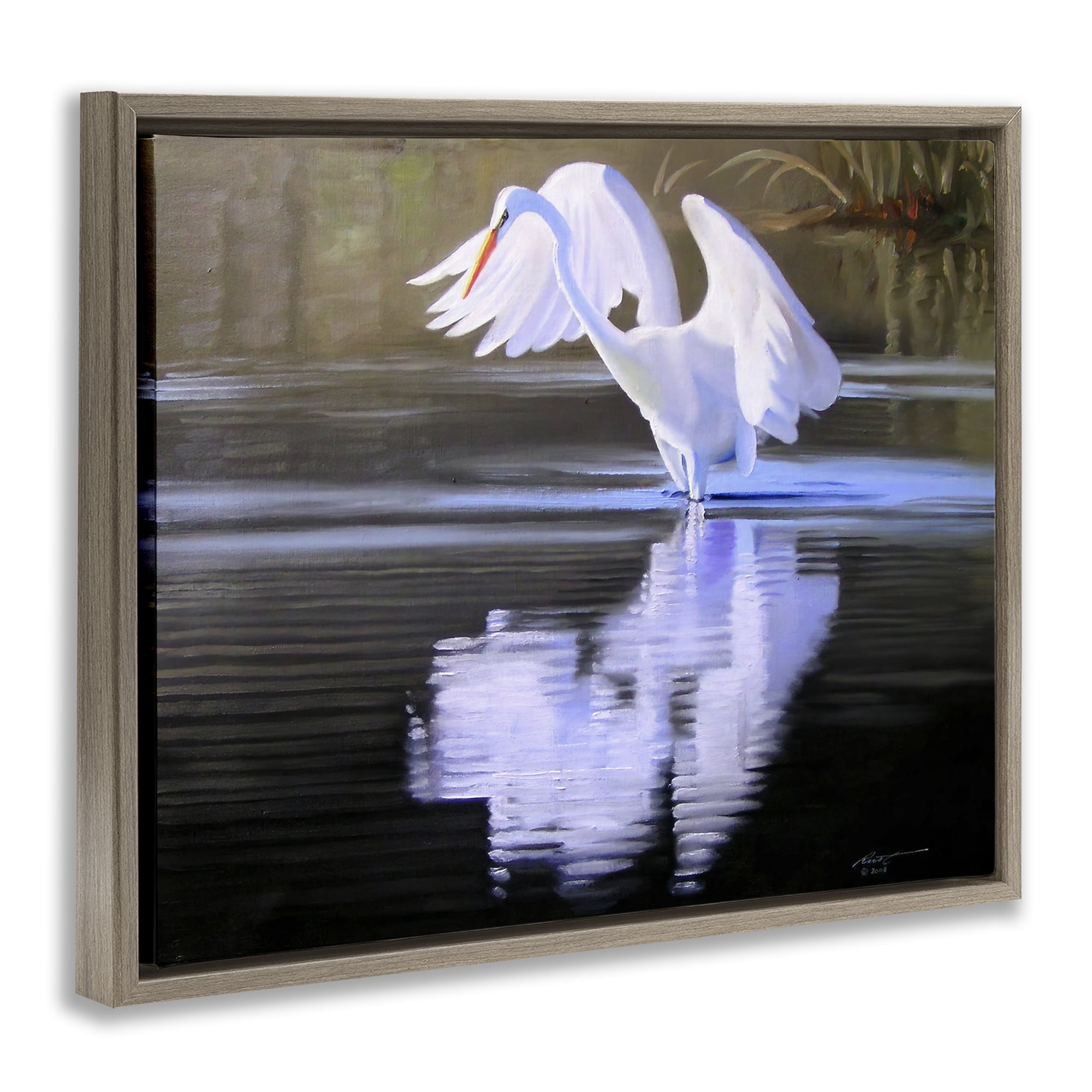 Stupell Industries Egret with Water Ripples Animals & Insects Painting Brown Floater Framed Canvas Art Print Wall Art, 21 x 17
