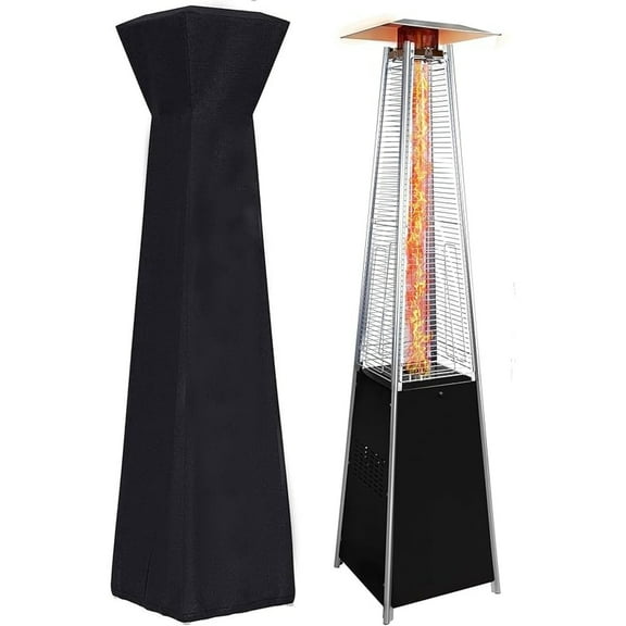 Patio Heater with Cover, 48,000 BTU Pyramid Flame Outdoor Heater, Propane, Detachable Wheels, Quartz Glass Tube for Patio, Garden, Courtyard, Park, Poolside (Black)