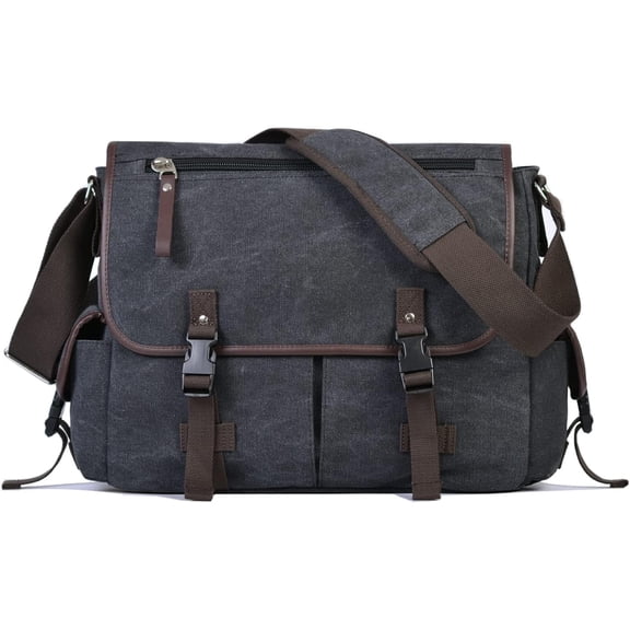 Vintage Canvas Messenger Bag for Men and Women, 15.6-Inch Laptop Computer Satchel, Water-Resistant, 17.7x5.1x13.7 Inch-black-