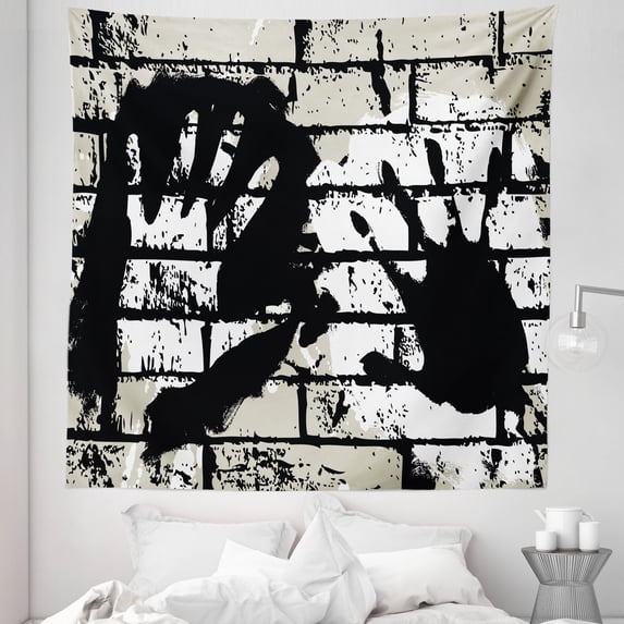 Urban Graffiti Tapestry, Sprayed Stencil Design of Hand Marks on Chalky Wall Pattern, Fabric Wall Hanging Decor for Bedroom Living Room Dorm, 5 Sizes, Eggshell Black and White, by Ambesonne