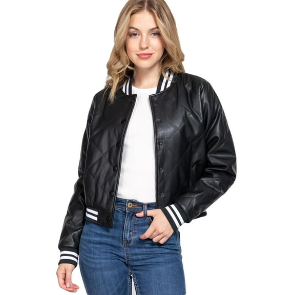 J. METHOD Women's Bomber Jacket PU Faux Leather Quilted Long Sleeve Button Down Casual Coat Outerwear