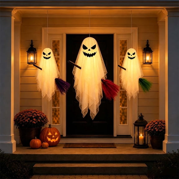 Halloween Lights Outdoor, Gothic Ghost Face Halloween Decor, Spooky Scary Rustic 3 Pack Remote Waterproof Gothic Lamps for Yard, Tree, Porch Display