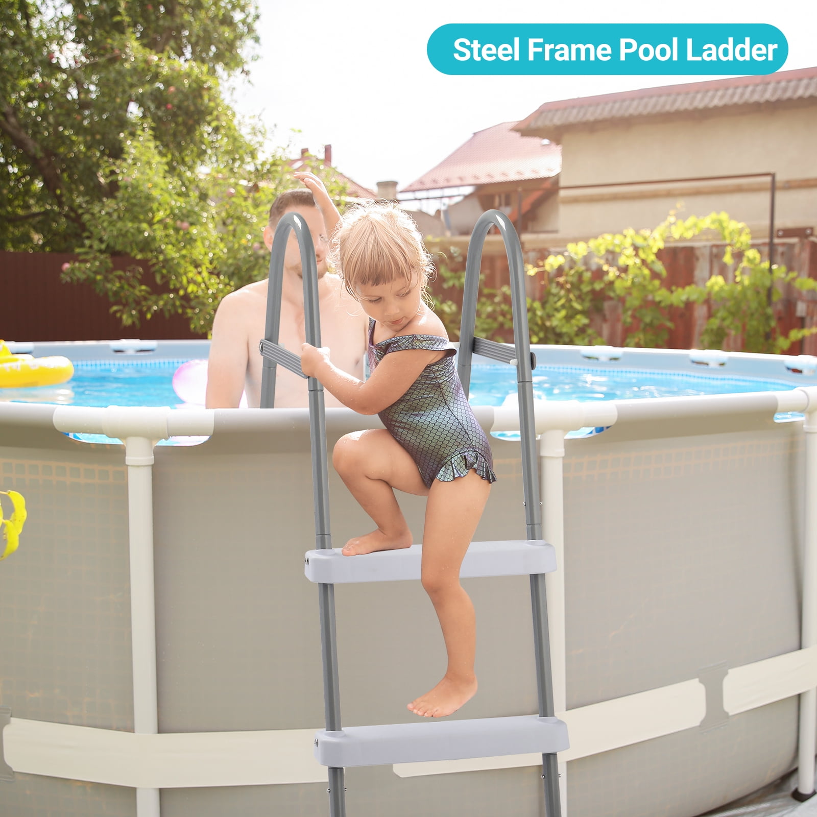 Ktaxon 2-Step 33" Steel Above Ground Pool Ladder, Heavy Duty Non-Slip, Gray Frame & White Steps