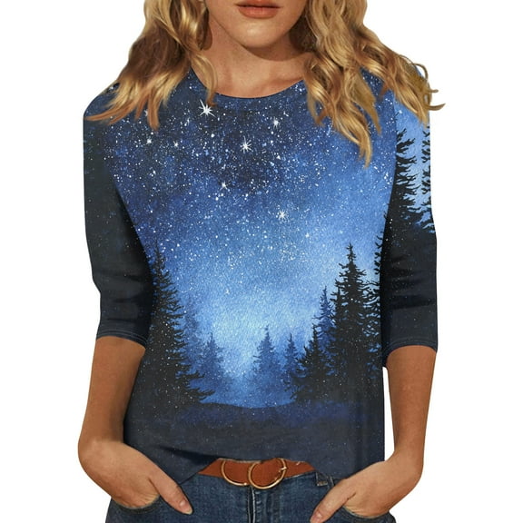 HaHaHappy Christmas Women's Shirts Plus Size Funny 3/4 Sleeve T-Shirts Xmas Tree Print Party Tunic Tops Crew Neck Cute Three Quarter Length Pullover Ugly Blouses Royal Blue 2XL