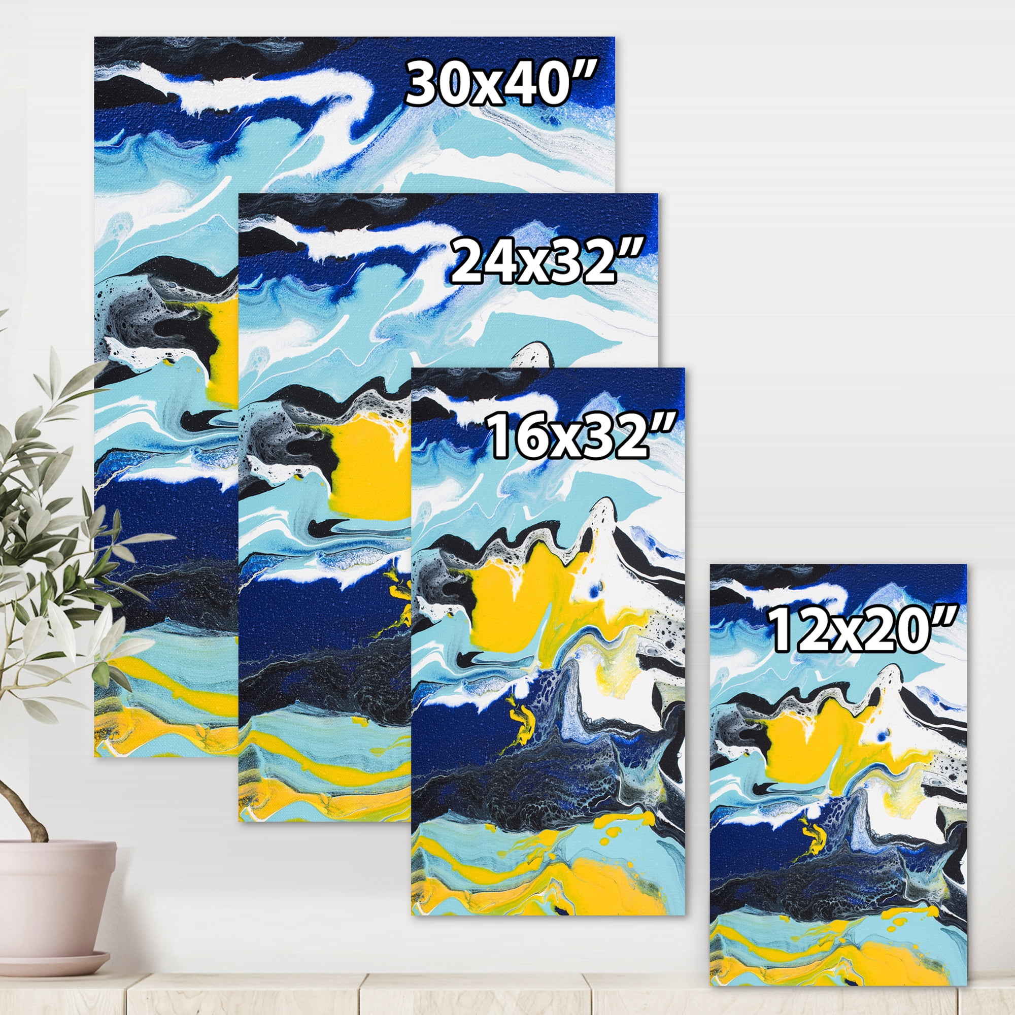 Designart ' Abstract Marble Composition In Blue and Yellow II ' Modern Canvas Wall Art Print
