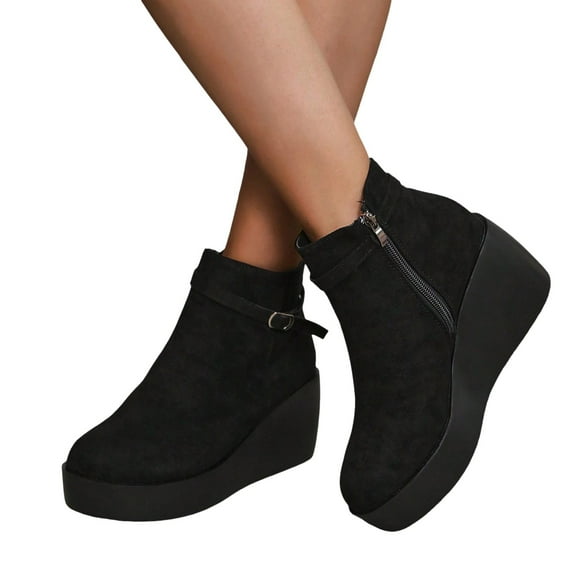 Oyedens Platform Wedge Booties for Women Fashion Black Suede High Heels Winter Fall Women's Ankle Boots