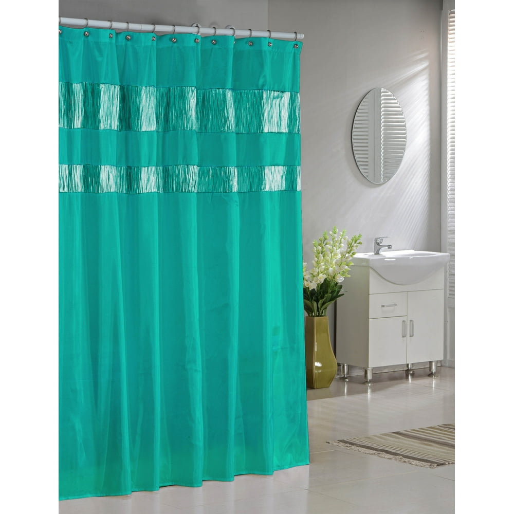 Teal Faux Silk Fabric Shower Curtain Shimmering Metallic Accents