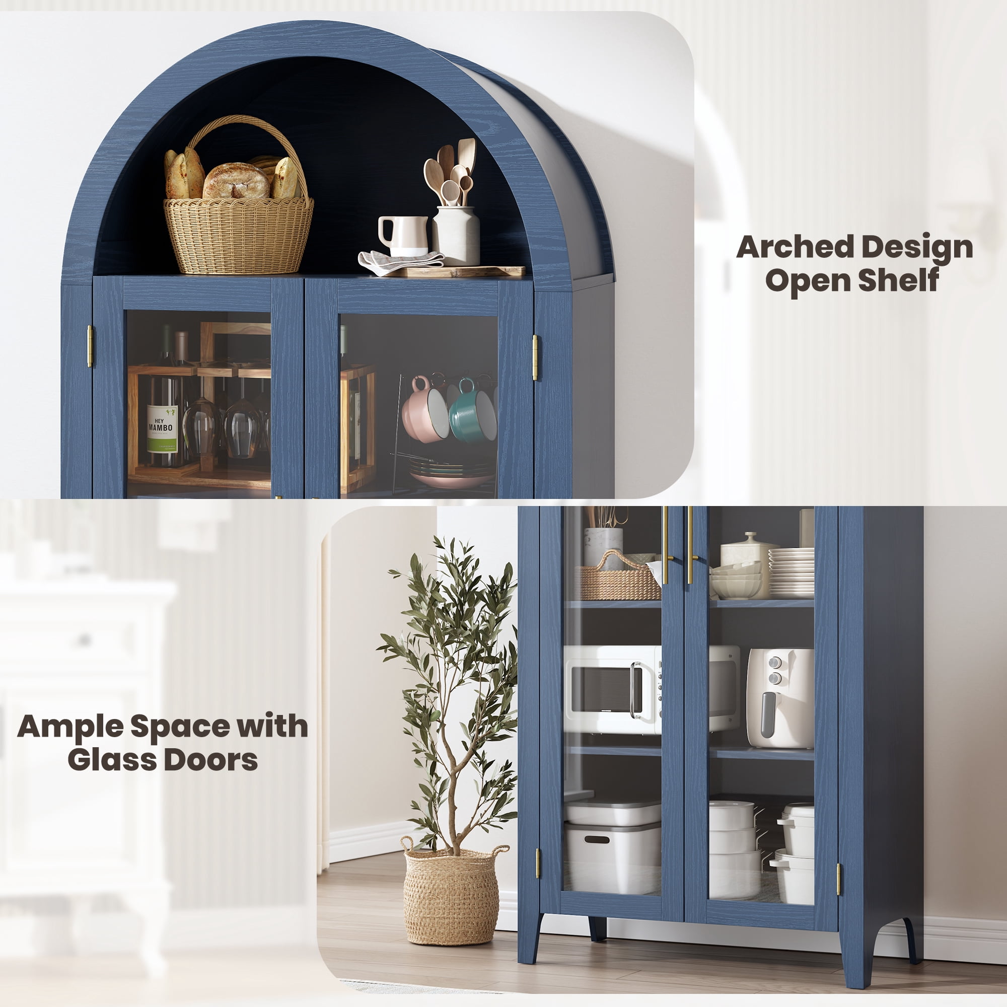 5-Tier Arched Bookcase, Bookshelf with Glass Door, Display Cabinet with Adjustable Shelves, Tall Storage Cabinet for Living Room, Modern Bookcase for Bedroom/Living Room/Home Office