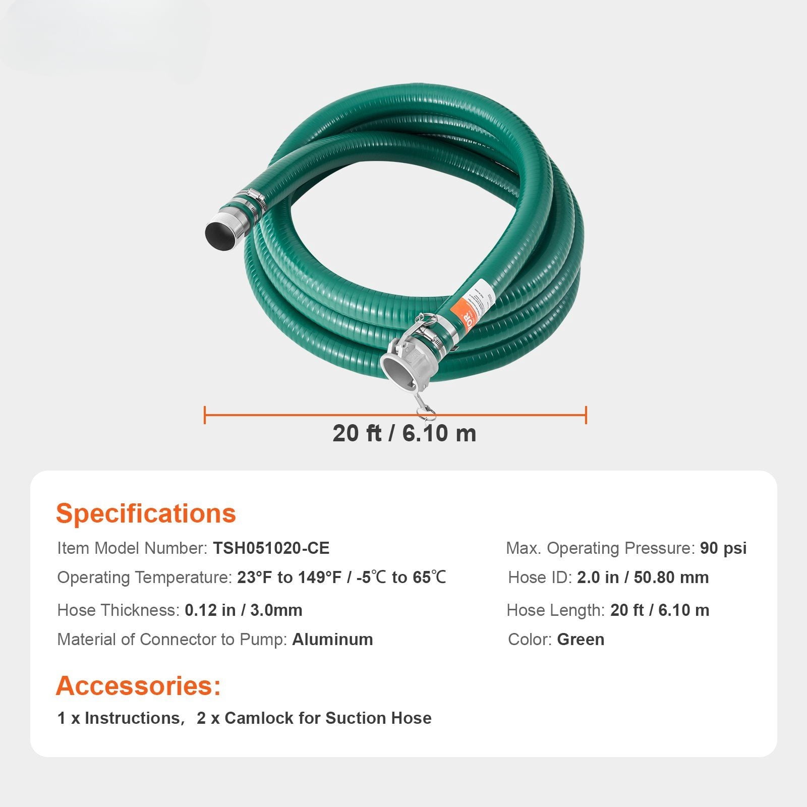 2 in x 20 ft Green Heavy-Duty Suction Hose with Complete Fittings – High-Quality, Durable & Flexible