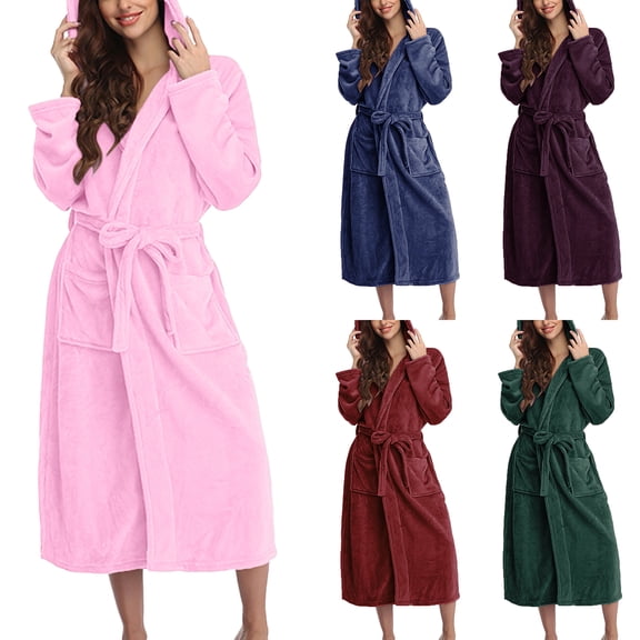 Lightweight Hooded Bathrobe Soft Plush Fleece Long Robe Cozy Home Sleepwear