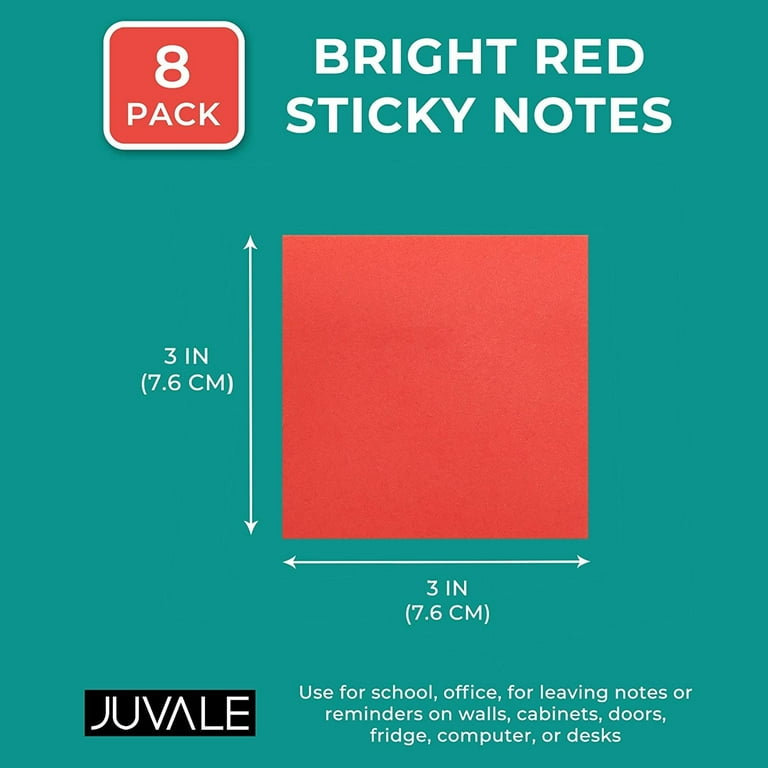 8 Pack Bright Red Sticky Notes 3x3 Inch Self-Stick Note Pads for Home,  Office Supplies (100 Sheets Per Pad) 