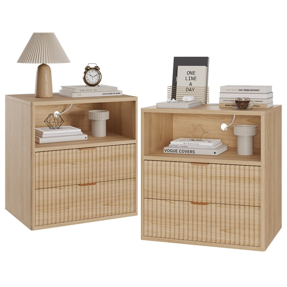 Fluted Farmhouse Night Stand with Charging Station, 23" Mid-Century Modern Nightstand, 2 Drawers End Table(1 PC)