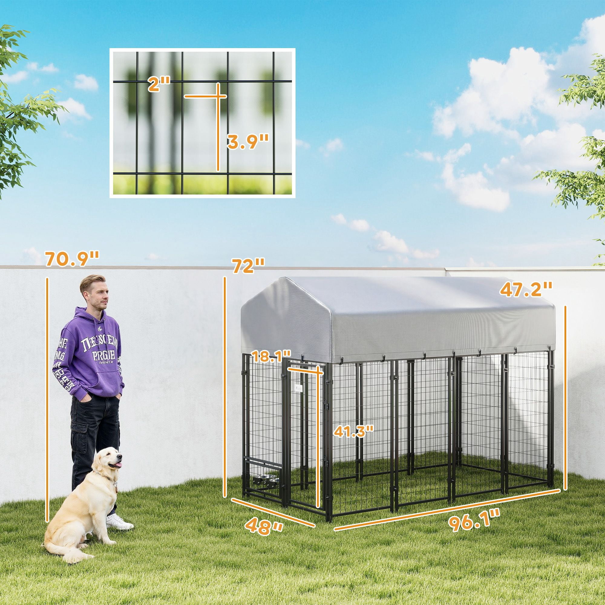 Dranite 8' x 4' x 6' Outdoor Dog Kennel with Covered Run, 360° Rotating Bowls