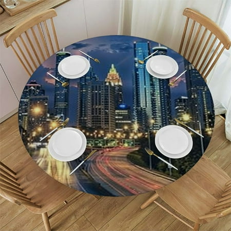 

Tllo0ord Round Tablecloth with Elastic Edge Polyester Waterproof Spill Proof Table Cover Atlanta Skyline 42-46