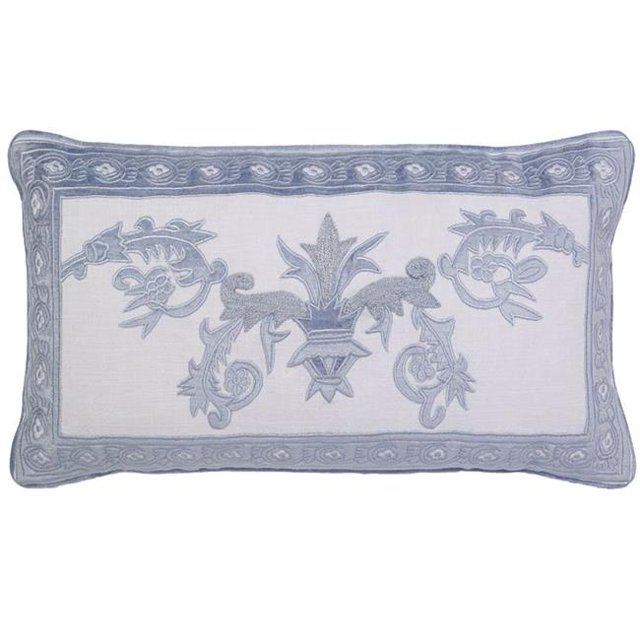 Venezia Velvet Applique Embroidered on Natural Linen Pillow Cover - Cream & Blue