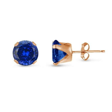 Round 10mm Rose Gold Plated Sterling Silver Simulated Tanzanite Blue CZ Stud Earrings, Gift Box included