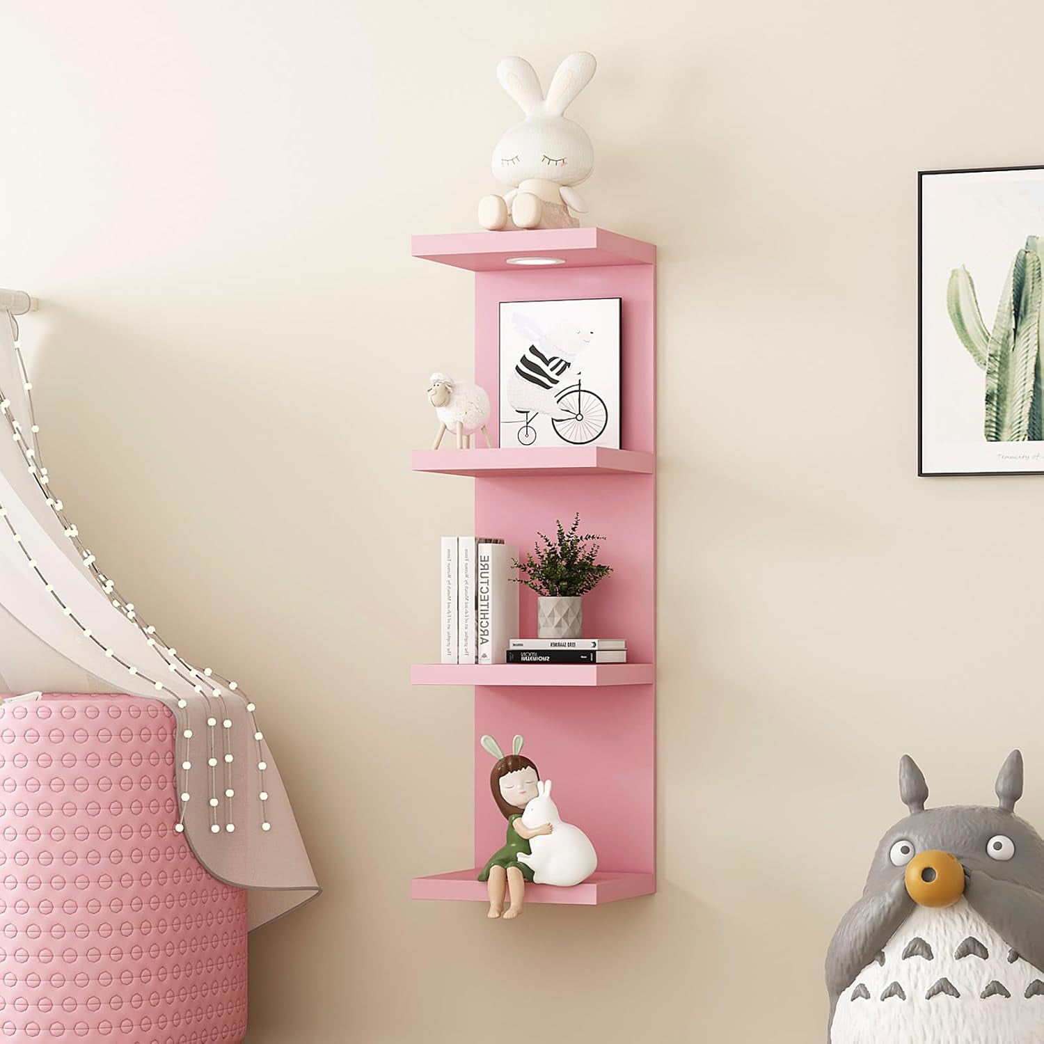 Versatile 4 Tier Wall Shelf Unit,Pink Lack Wall Shelf,Display Floating Shelf with LED Remote Control Light