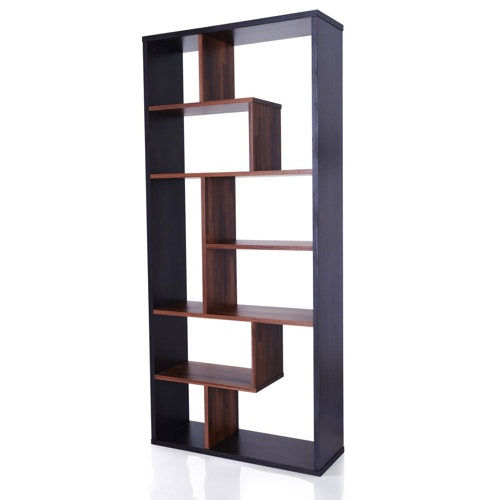 Spacious Wooden Bookshelf with Zig Zag Display Storage, Walnut Brown