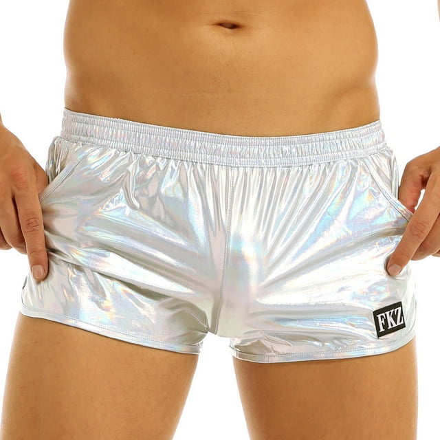 vastwit Men's Shiny Metallic Holographic Hot Pants Low Rise Elastic Waist Boxer Shorts Trunks Swimsuits Clubwear Silver M