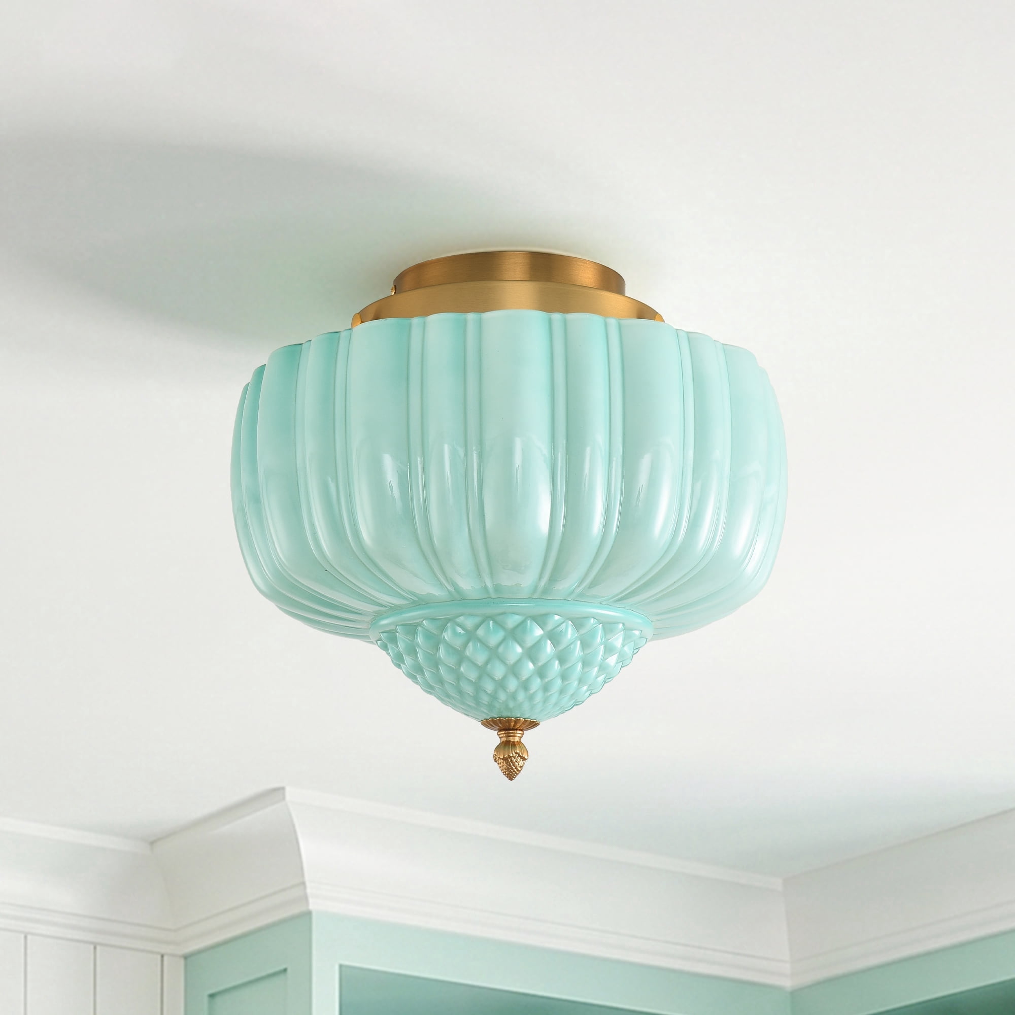 Parrot Uncle 14" Schoolhouse Flush Mount Ceiling Light, Mint Fluted Glass & Gold Base, 3-Light Vintage Close-to-Ceiling Fixture for Low Ceilings, Hallway, Kitchen & Bedroom
