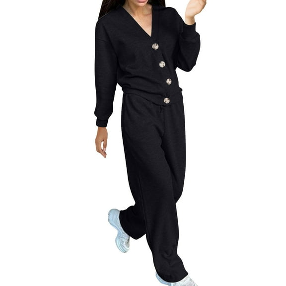 UYISJ Womens 2 Piece Outfits Sweater Lounge Set Casual V Neck Button Down Suits Long Sleeve Top Wide Leg Pants Loungewear M