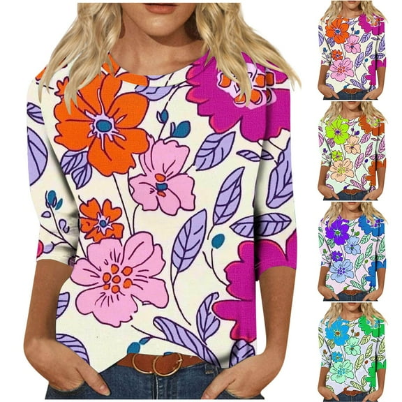 CYMMPU Tunic Tops 3/4 Sleeve Floral Printed Loose Fit Crew Neck Blouses for Women Dressy Casual Summer Trendy Shirts Spring Tops Empire Waist A Line T-Shirts XXXL