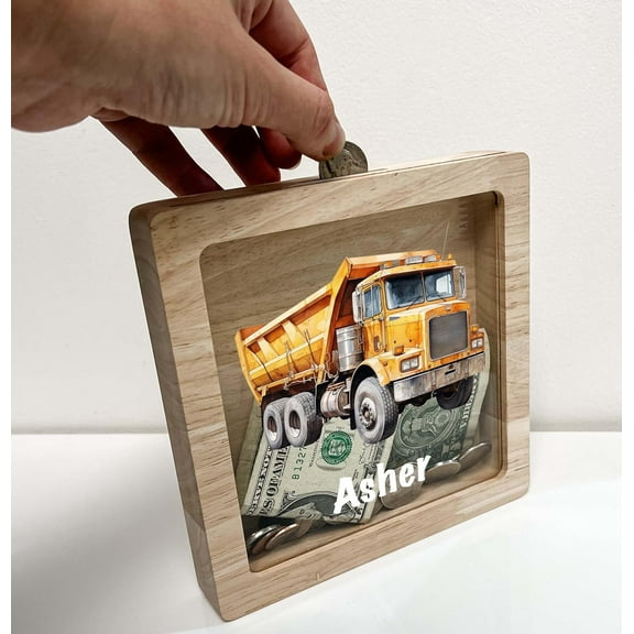 Personalized Savings Piggy Bank for Boys Custom Name Money Box Construction Truck Dump Truck Dumping Trailer Heavy Equipment Themed Toddler Boys Gift - Teach Savings in Style - Made in America
