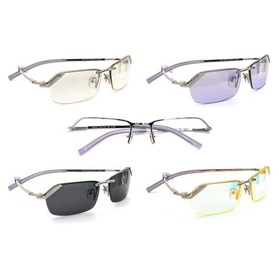 QT-SUN Spex Semi-Rimless - Kit Pack - 1 Frame w/ 4 Fashionable Magnetic Clip-On Sunglass Lenses - Outdoor Activity Men and Women - Silver/Blue