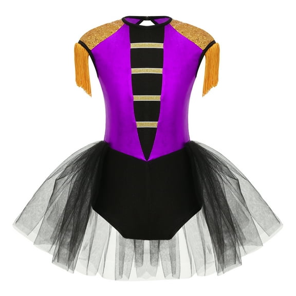 dPois Kids Girls Circus Ringmaster Costume Sequins Tassels Dance Skating Tutu Dress Leotard for Purple 6