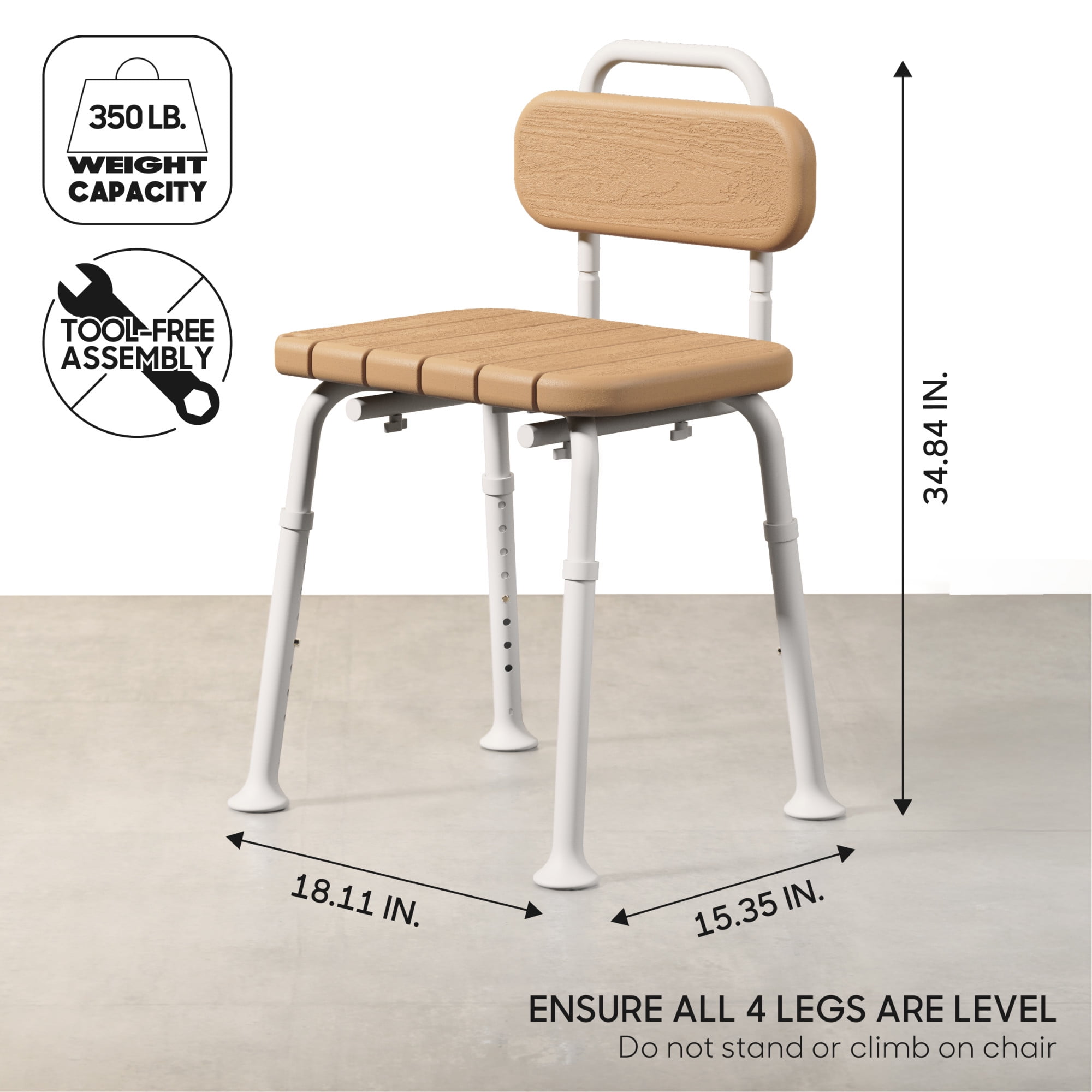 Sharper Image® Deluxe Shower Chair with Back, 350 lb Capacity, Wood Grain Finish, Adjustable Height