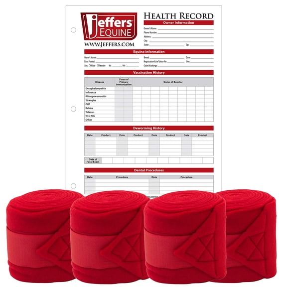 Jeffers Horse Fleece Polo Wraps 4 Pack and Equine Health Record 1 Pack Kit – Leg Wrap Accessories for Training Riding Turnout Stable, Hoof Care Tracker, Equestrian Horse Supplies - Red