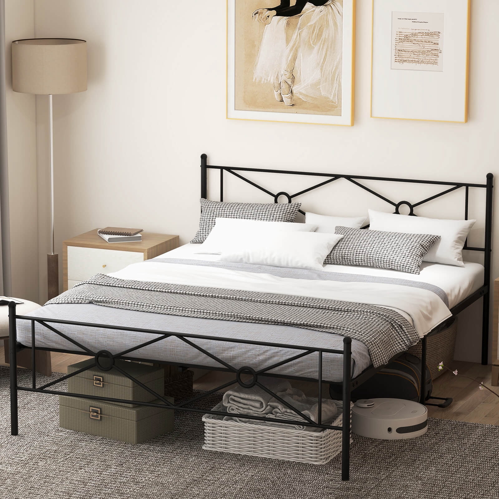 Infans Queen Size Metal Platform Bed Frame w/ Headboard Mattress Foundation Black