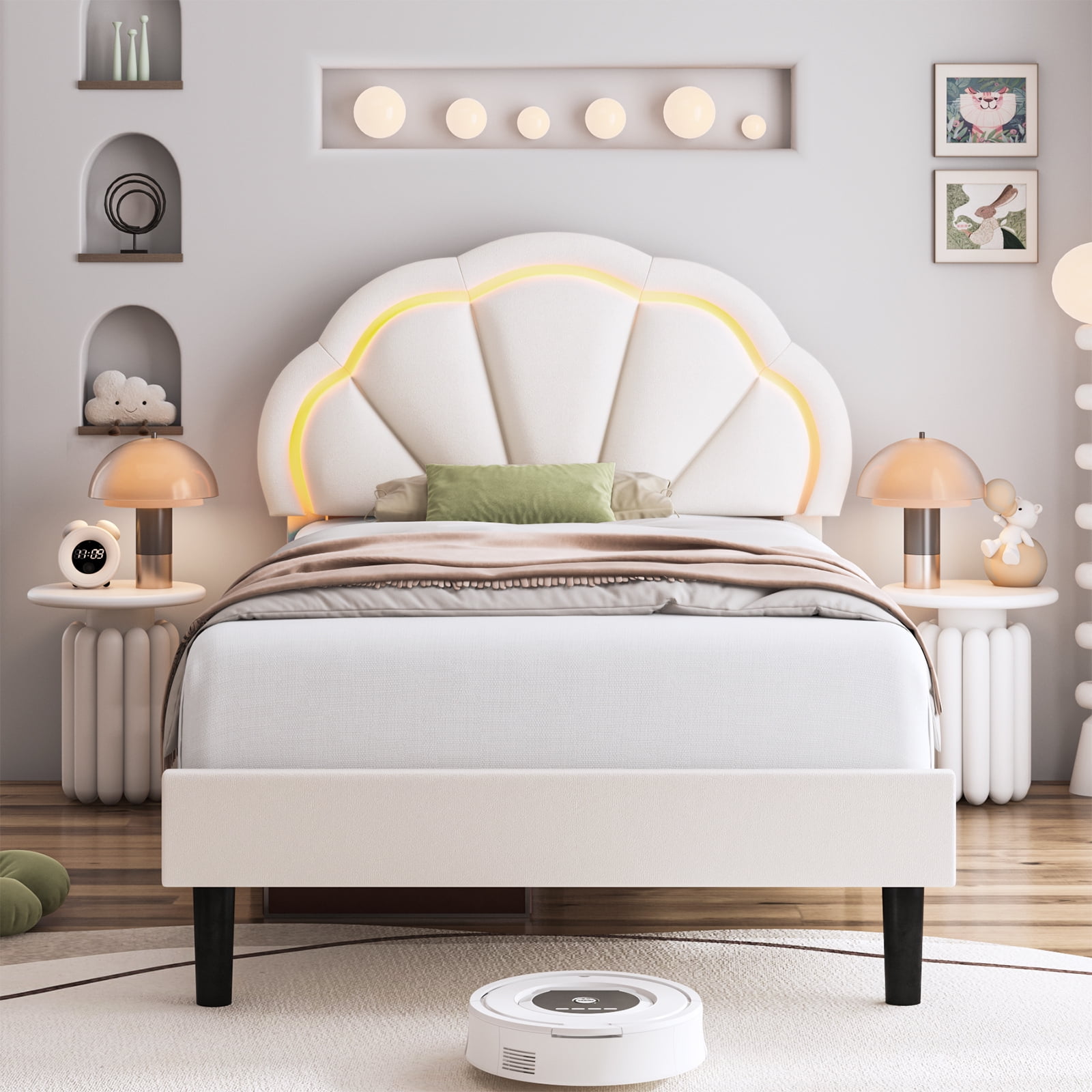Homfa LED Bed Frame, Twin Size Velvet Upholstered Platform Bed with Adjustable Headboard, Lights Seashell Bed, Off-White