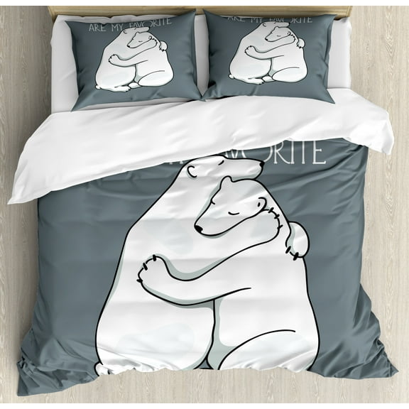 Bear Duvet Cover Set Queen Size, Valentines Themed Your Hugs Lettering with Hugging Arctic Polar Animals Romance, Decorative 3 Piece Bedding Set with 2 Pillow Shams, Blue Grey White, by Ambesonne