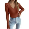 thumbnail image 2 of Fiaer Womens V Neck Sweaters Slim Fit Long Sleeve Solid Color Casual Trendy Comfortable Breathable Knit Tops Orange L, 2 of 7