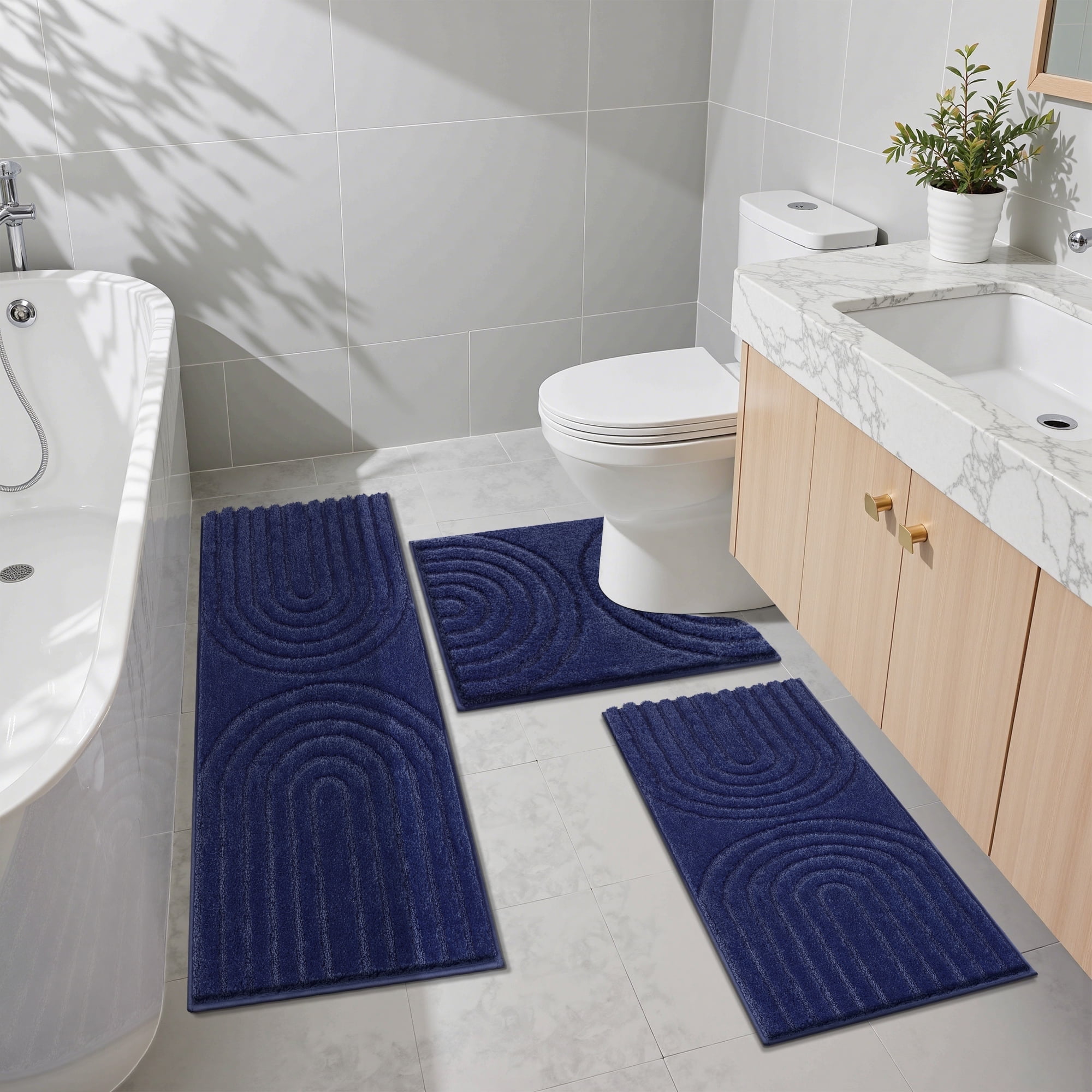 Vaukki Geometric Bathroom Rug Set of 3 Microfiber Soft Absorbent Non Slip Bath Rugs for Bathroom，(18"x26"+20"x47"+20"x24"，Dark Blue)