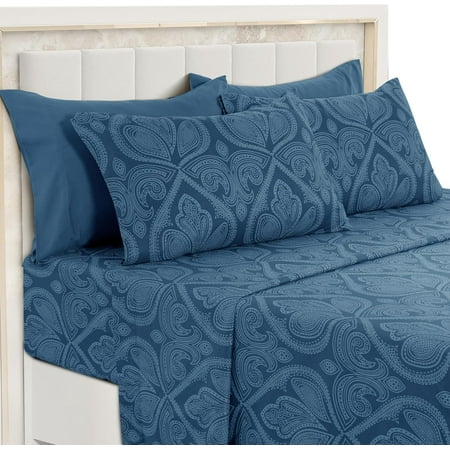 LUX Décor Paisley Queen Sheet Set – 6 Piece Ultra-Soft Microfiber Bed Sheets with Flat Sheet, 16 Inches Deep Pocket Fitted Sheet & 4 Pillowcases, Breathable, Bedroom Decor, Oeko-TEX – Navy Blue