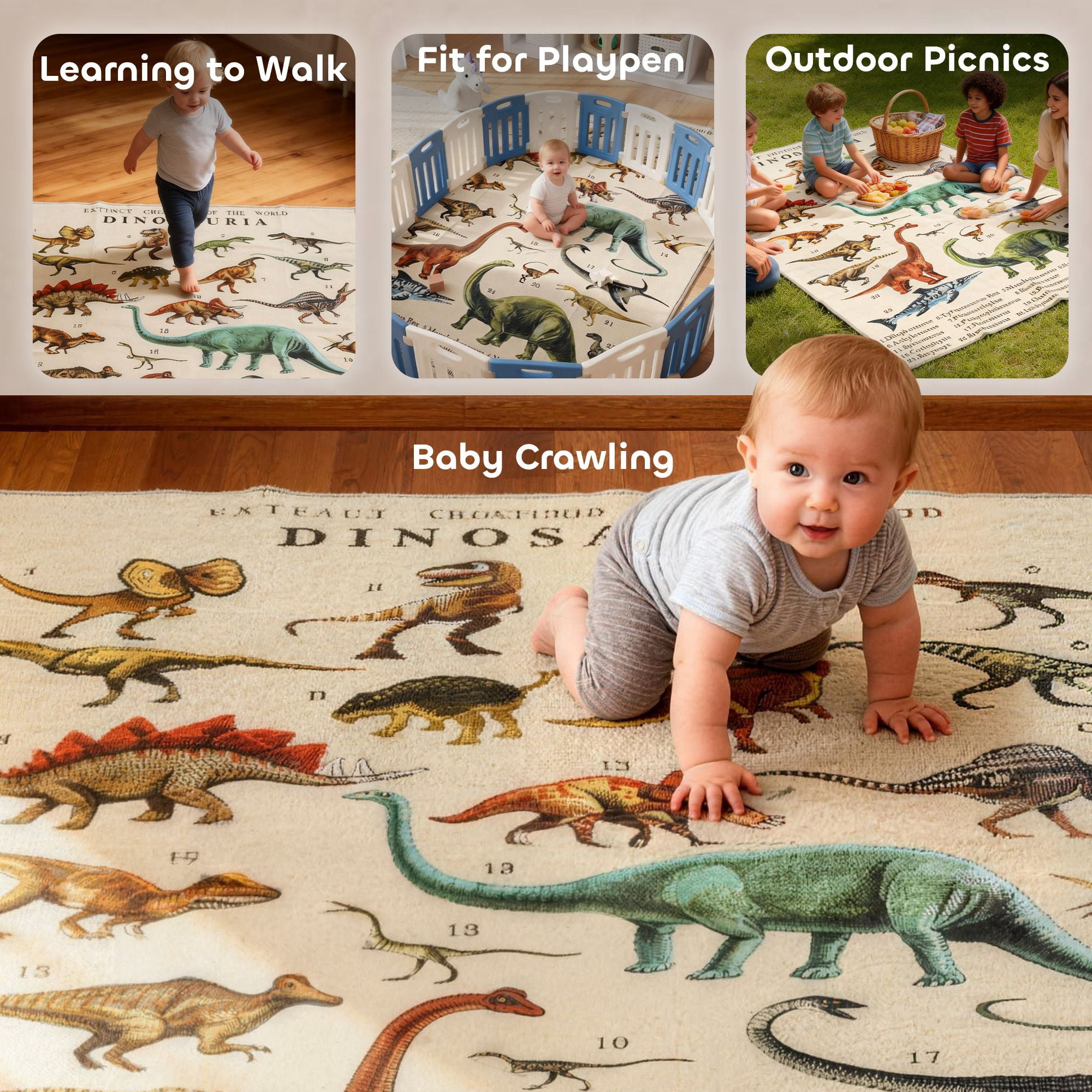 Dranite Khaki Dinosaur Play Mat for Toddlers Large 79" x 59" Non Slip Crawling Rug for Living Room