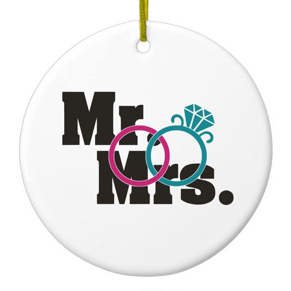DistinctInk Hanging Ceramic Christmass Tree Ornament with Gold String - Great Gift / Present - 2 3/4 inch diameter - Mr. & Mrs. Wedding Rings