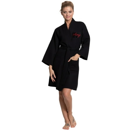 

Turkuoise Linen Lightweight Knee Length Waffle Kimono Bath and Spa Robe Black Large