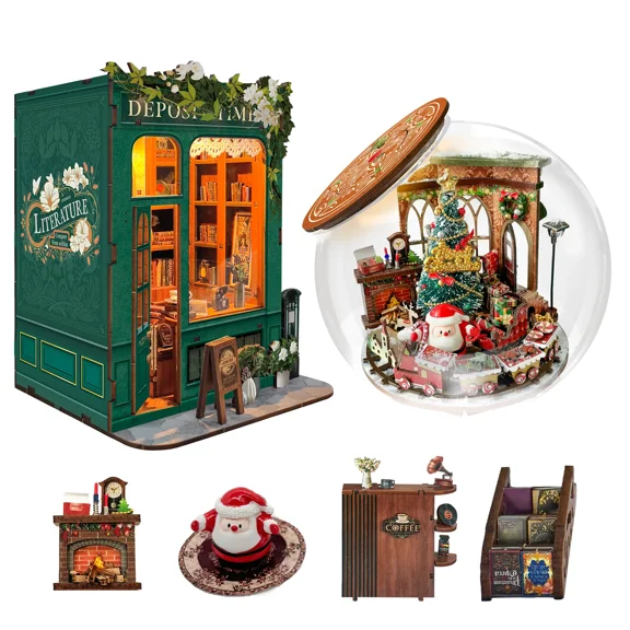Strucwood 2-Piece DIY Book Nook Kit Set: 3D Wooden Puzzles with LED & Dust Cover, Home Decor for Christmas (SW-0245)