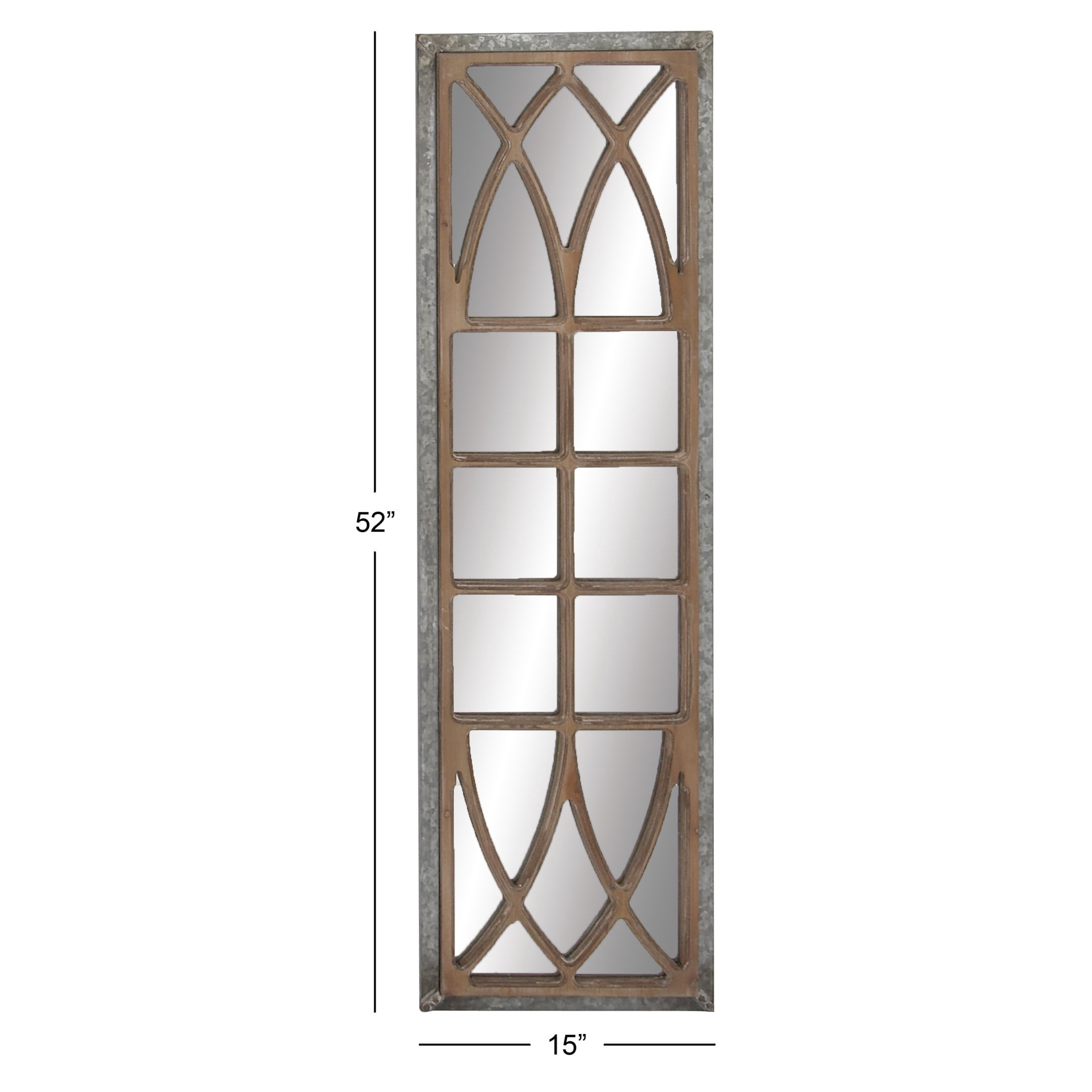 DecMode 15" x 52" Brown Window Pane Inspired Panel Geometric Wall Mirror with Galvanized Metal Frame