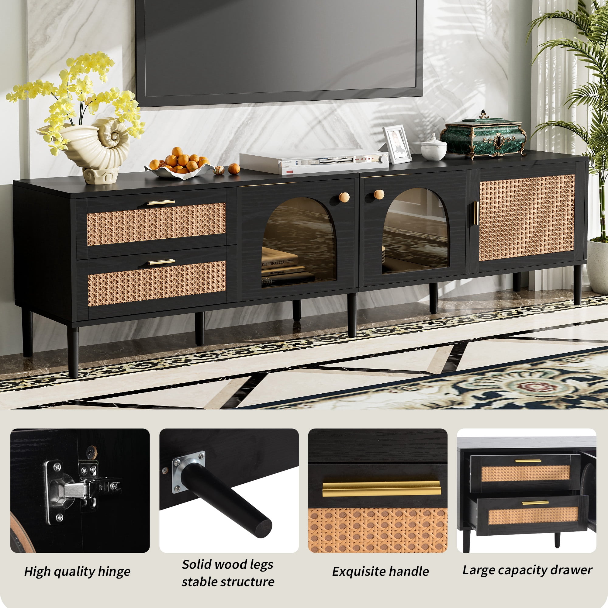 Euroco Rattan TV Stand for TVs up to 80", 70.8" Media Console with Drawers and Cabinets, Boho Entertainment Center with Storage, Sturdy Wooden TV Cabinet for Living Room, Natural Finish