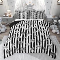 Feelyou Cartoon Bowknot Twin Comforter Sets, Black Stripes Lines Bedding Set, 2-Piece