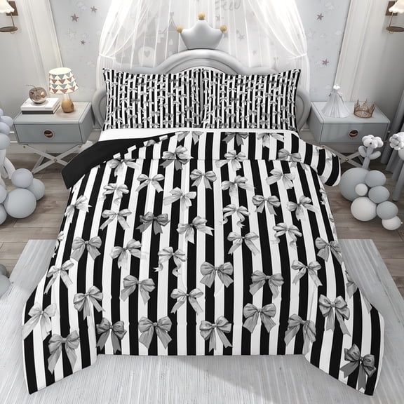 Feelyou Cartoon Bowknot Full Size Comforter Sets, Black Stripes Lines Bedding Sets, 3pcs