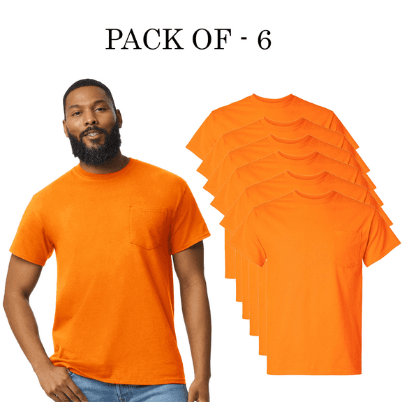 Gildan High Visibility Safety Pocket T-shirt for Man | Hi Vis Short Sleeve Safety Orange Tee 6 oz, 50/50 Cotton/Polyester, Classic fit Pack-6, Size S