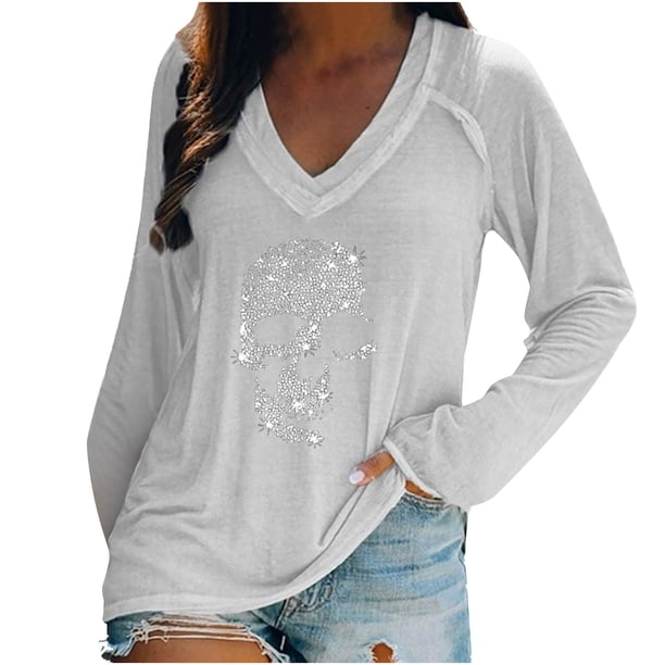 Camiseta con estampado navideño de moda para mujer Blusa de manga larga con cuello en V Tops casuales Pompotops FGAJ16404