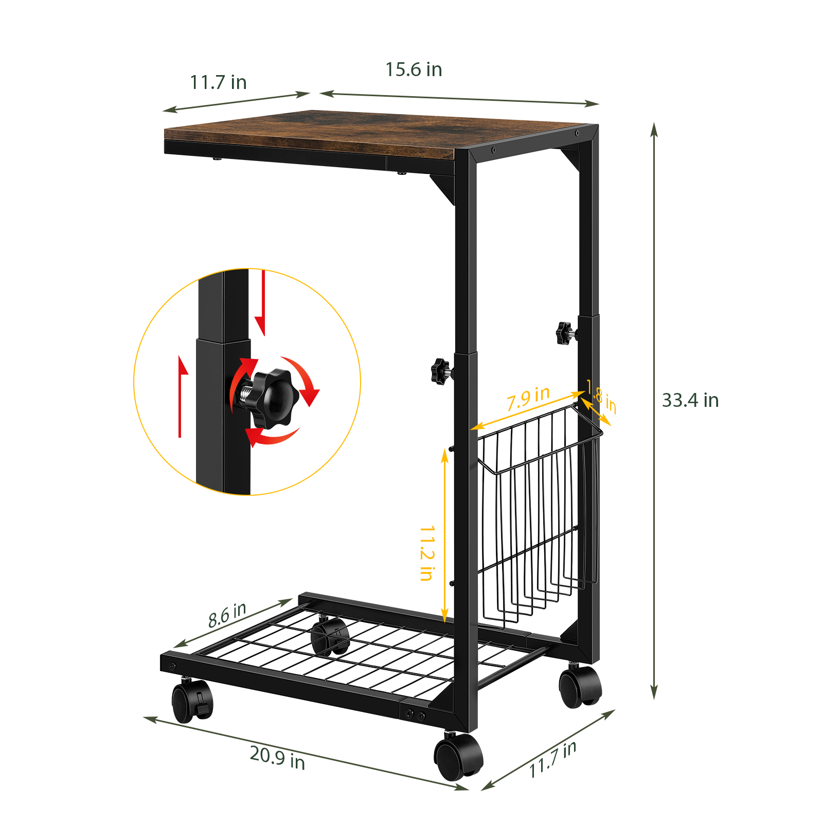 Height‑Adjustable C‑Shaped Side Table with Storage Basket, Rolling Sofa End Table, 2‑Pack