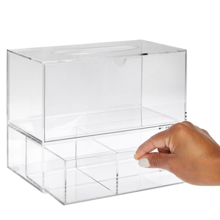 Clear Tissue Box Holder with Pull Out Drawer, Rectangle Dispenser Tissue Box  Cover and Cosmetic Organizer for Bathroom (9.3 x 7 x 5 In) 